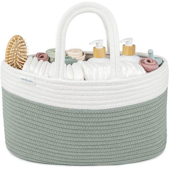 Large Baby Diaper Caddy Organizer Basket Rope Handles Nursery Storage Sage - Picture 1 of 7